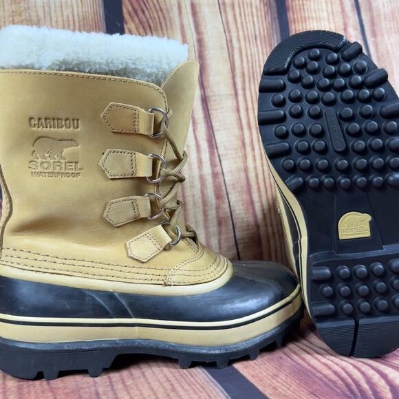 Sorel Caribou Boots Women 9 Tan Buff Waterproof Leather Wool Snow 1005-280 Nubuc - Picture 1 of 9
